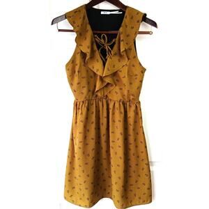 UO Kimchi Blue Mustard Lace up Dress 4 floral ruffles olive corset style front